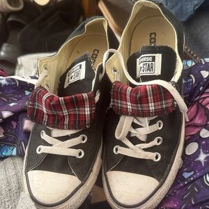 Converse Black Sneakers with Red Plaid Detail